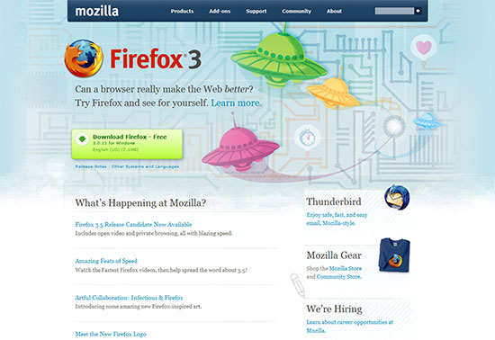 The "Download Firefox" button is clearly visible on the Mozilla home page. 