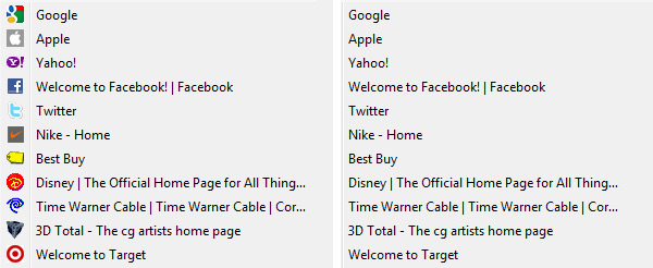 Compare the bookmarks on the left with the same bookmarks on the right. See how much easier it is with the favicons?